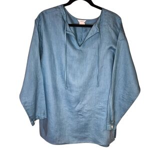 J.Crew 100% Linen Tunic Top Size L Blue Long Sleeve Relaxed Fit